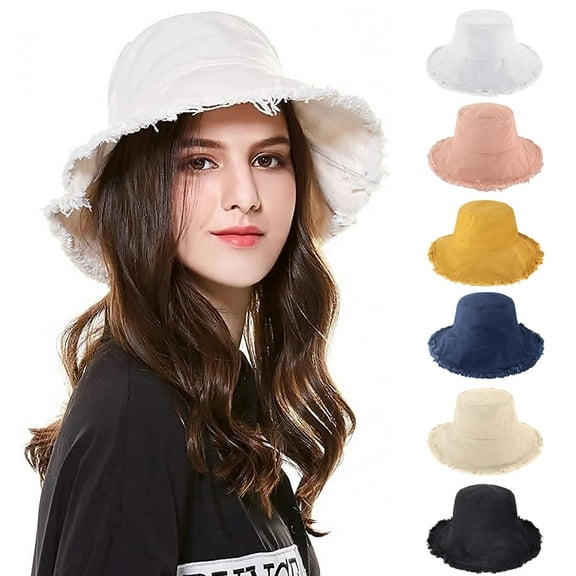 Frayed Bucket Hats for Women Men, Unisex Trendy Distressed Washed Cotton Wide Brim Sun Hat, Outdoor Summer Beach Fisherman Cap