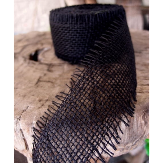 Burlap Fabric Frayed Burlap Ribbon, Black, 2.5 in Wide x 10 Yards, Serged Edges