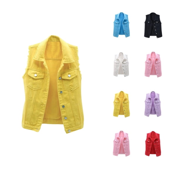 Frayed Denim Vest Jacket for Women Sleeveless Open Front Button Down Lapel Collar Slim Fit Jean Vest Outerwear