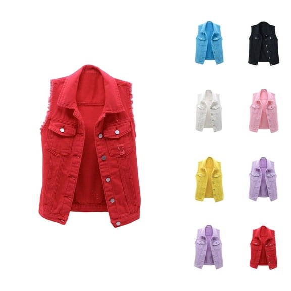 Frayed Denim Vest Jacket for Women Sleeveless Open Front Button Down Lapel Collar Slim Fit Jean Vest Outerwear