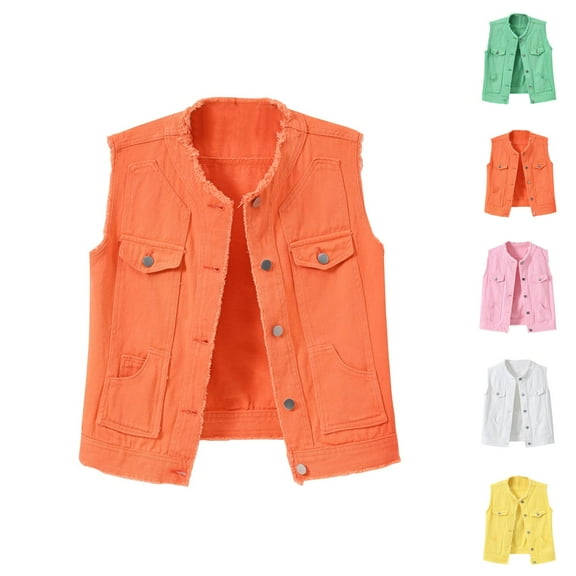 Frayed Denim Vest Jacket for Women Sleeveless Ripped Lapel Collar Button Up Lightweight Slim Fit Cropped Outerwear