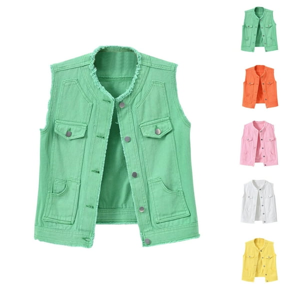 Frayed Denim Vest Jacket for Women Sleeveless Ripped Lapel Collar Button Up Lightweight Slim Fit Cropped Outerwear
