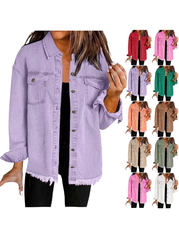 Frayed Hem Denim Shacket for Women Collared Button Down Long Sleeve Oversized Fit Casual Jacket Streetwear with Pockets