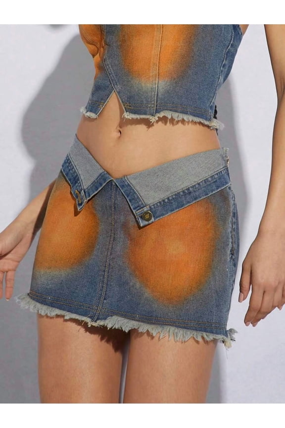 Frayed Hem Fold-Over Denim Mini Skirt With Orange Dip-Dye Wash
