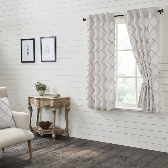 VHC Brands Frayed Lattice Short Curtain Panel, Oatmeal, 63x36, Set of 2