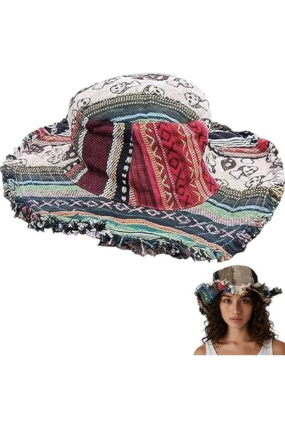 Frayed Patchwork Boho Bucket Hat Multicolored Mushroom Hemp, Vintage Wide Brim Sun Hat for Men & Women(RL 1 PC)