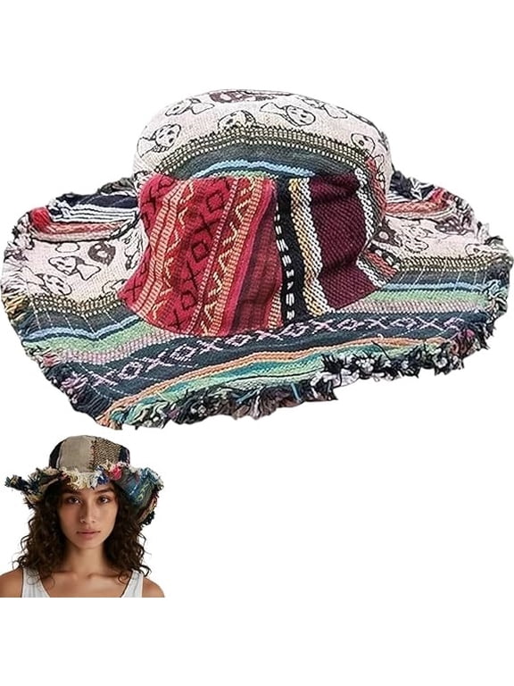 Frayed Patchwork Bucket Hat, Boho Multicolored Mushroom Hemp Hat for Men Women, Vintage Shapeable Wide Brim Sun Hat (1pc)