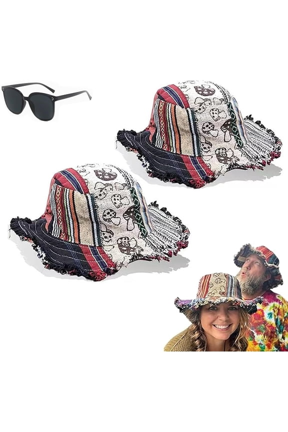 Frayed Patchwork Bucket Hat - Shapeable Brim, Vintage Boho Multicolored Design Hemp Fabric Holiday Beach Sun Hat Unisex