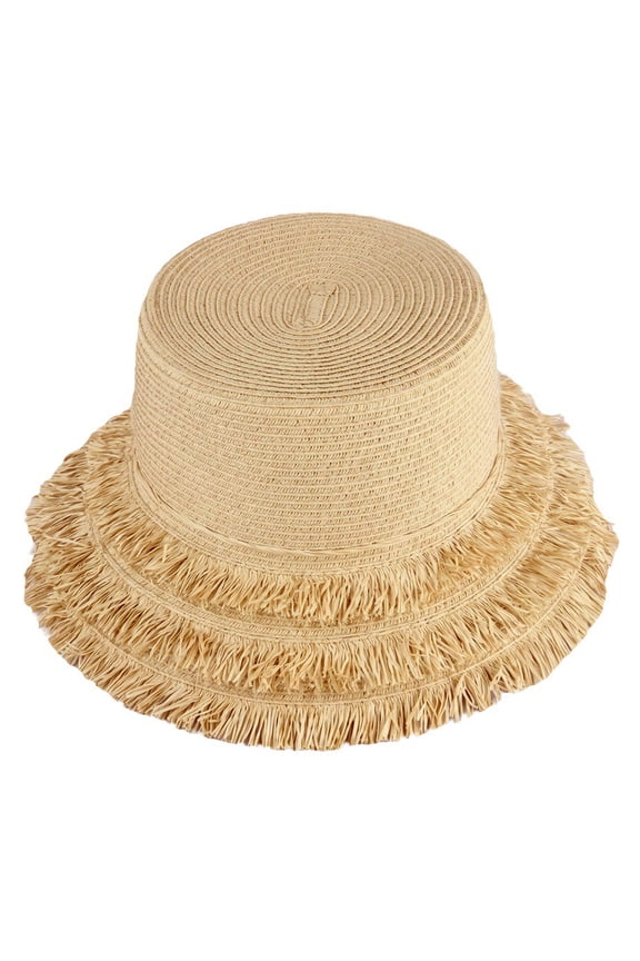 Frayed Woven Straw Bucket Sun Hat