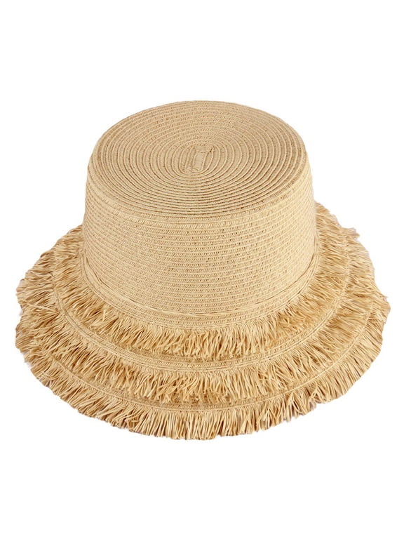 Frayed Woven Straw Bucket Sun Hat
