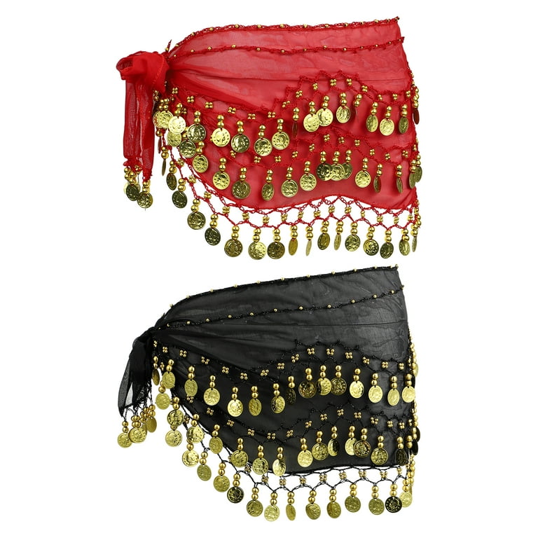 Frcolor Belly Dance Hip Scarf Skirt Dancing Waist Chain Belt Costume Wrap Coins  Coin Scarves Bellydance Dancer Black Red 