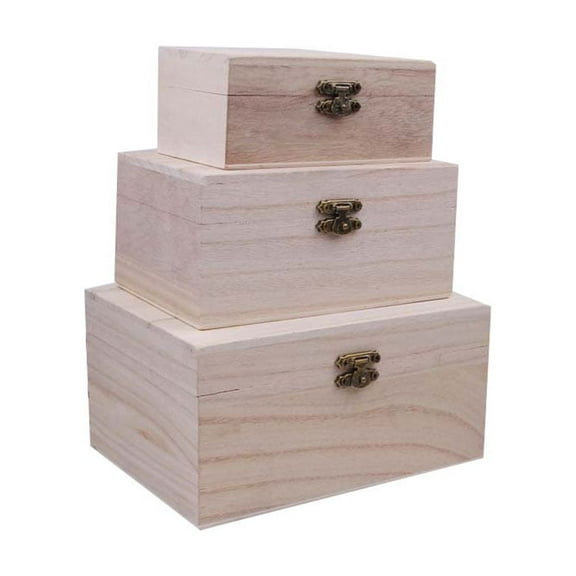 Frcolor Box Wooden Wood Unfinished Boxes Crafts Diy Storage Lock Chest Case Unpainted Jewelry Plain White Blank Piece 3 Bulk