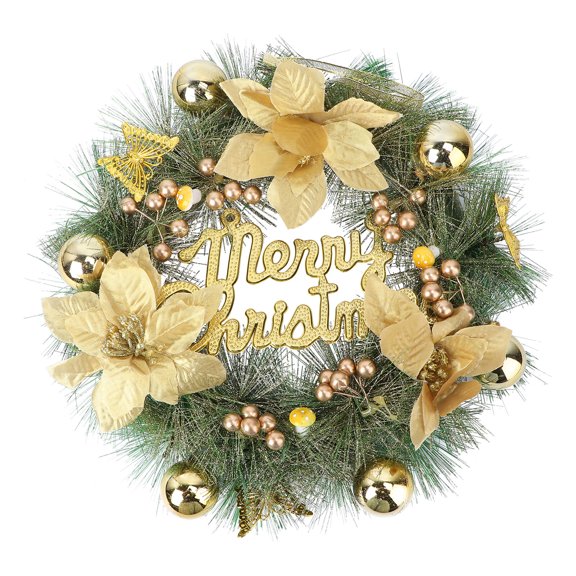 Frcolor Christmas Wreath Front Door Poinsettia Xmas Garland Pine Flowers Tree Merry Sign Decoration Artificial Wreath Garland