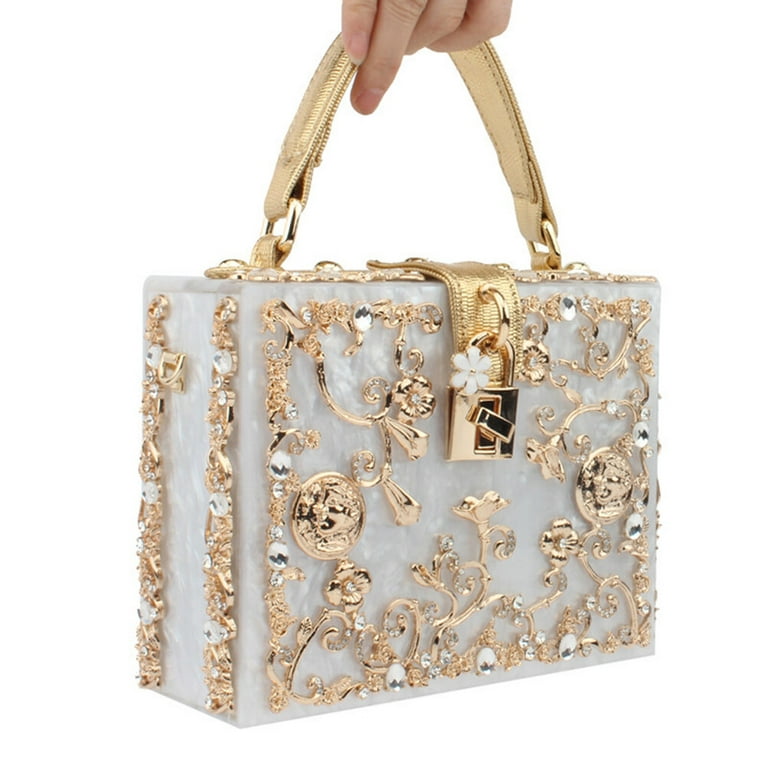 Frcolor Fashion Box Evening Bag Diamond Flower Clutch Bag Hollow Relief Acrylic Luxury Handbag Banquet Party Purse Women's Shoulder Bag(White), Adult