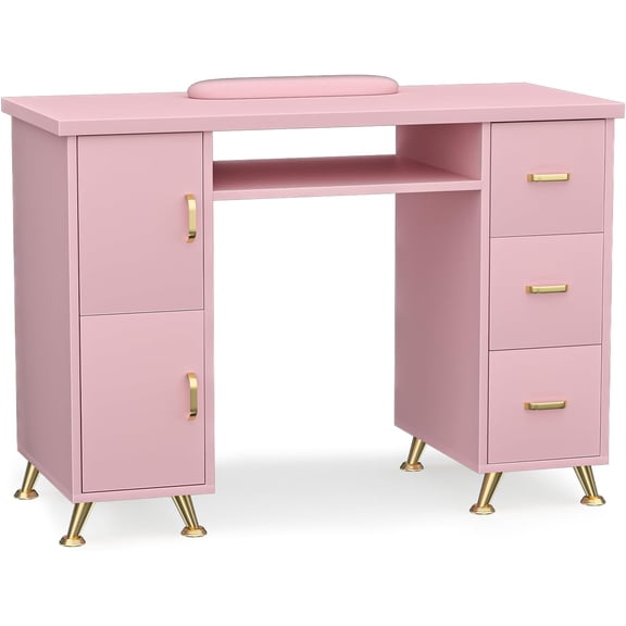 FreSup Manicure Table Pink Nail Desk, Fixed Leg Salon Beauty Workstation with Gold Accents, 3 Drawers & 2 Cabinets, Wrist Rest Included, Acetone Resistant Tables for Home & Studio (Pink-Gold)