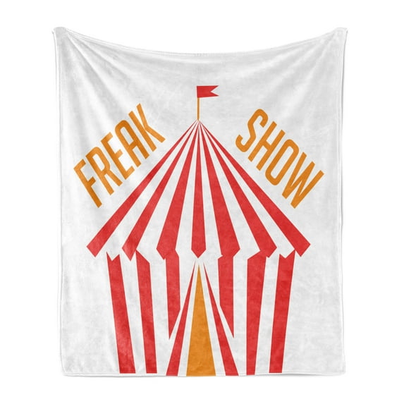 Freak Show Soft Flannel Fleece Throw Blanket, Circus Tent with a Flag and Typography Stripes in Summer Tones, Cozy Plush for Indoor and Outdoor Use, 60" x 80", Dark Coral Orange, by Ambesonne