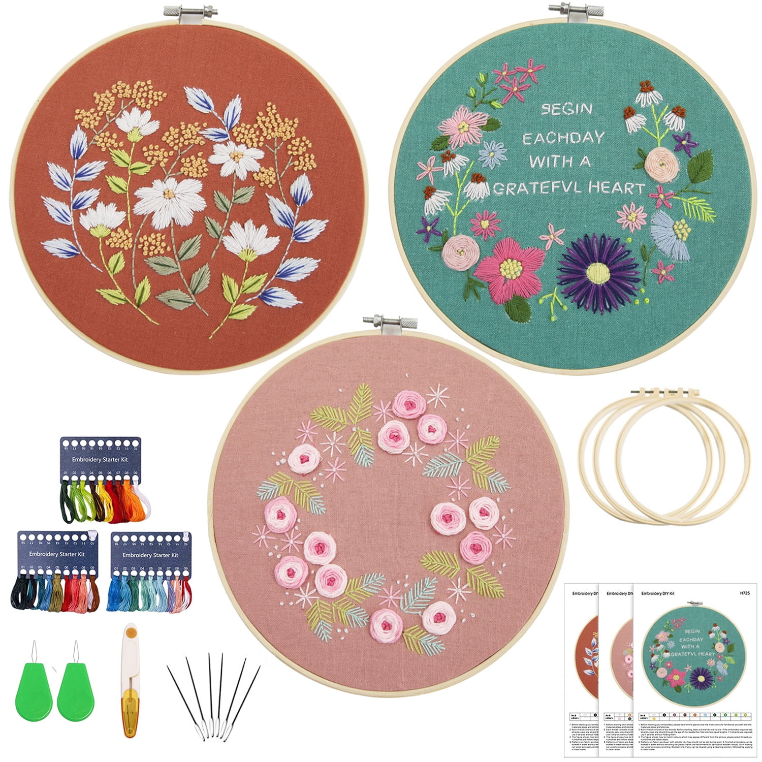 Freaki 3 Sets Embroidery Starter Kit for Beginners, Cross Stitch Kits  Beginner Embroidery Kit with Pattern and Instructions, Hand Embroidery Set  for Adults Beginners 