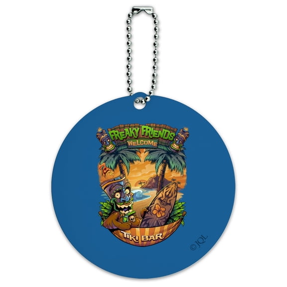 Freaky Friends Tiki Bar Tropical Vacation Round Luggage ID Tag Card Suitcase Carry-On
