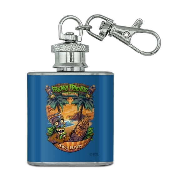 Freaky Friends Tiki Bar Tropical Vacation Stainless Steel 1oz Mini Flask Key Chain