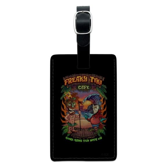 Freaky Tiki Cafe Parrot Tropical Beach Island Rectangle Leather Luggage Card Suitcase Carry-On ID Tag