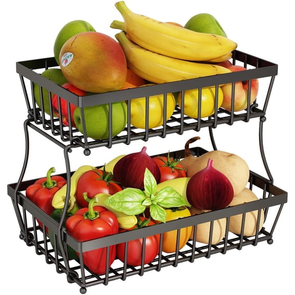 Freaswind 2 Tier Black Countertop Fruit Basket Bowl for Kitchen Metal Wire Storage Rack Fruits Stand Holder Organizer for Bread Snack Veggies
