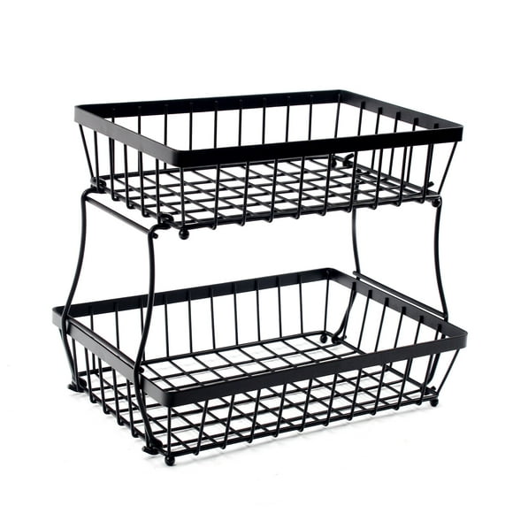 Freaswind 2 Tier Black Countertop Fruit Basket Bowl for Kitchen Metal Wire Storage Rack Fruits Stand Holder Organizer for Bread Snack Veggies