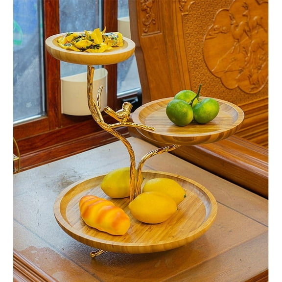 Freaswind 3-Tier Fruit Basket Electroplating Metal Stand Decorative Fruit Bowl Rack Bamboo Wooden Storage Trays Table Countertop Holder for Vegetables Bread Snack for Kitchen Home Use, Gold