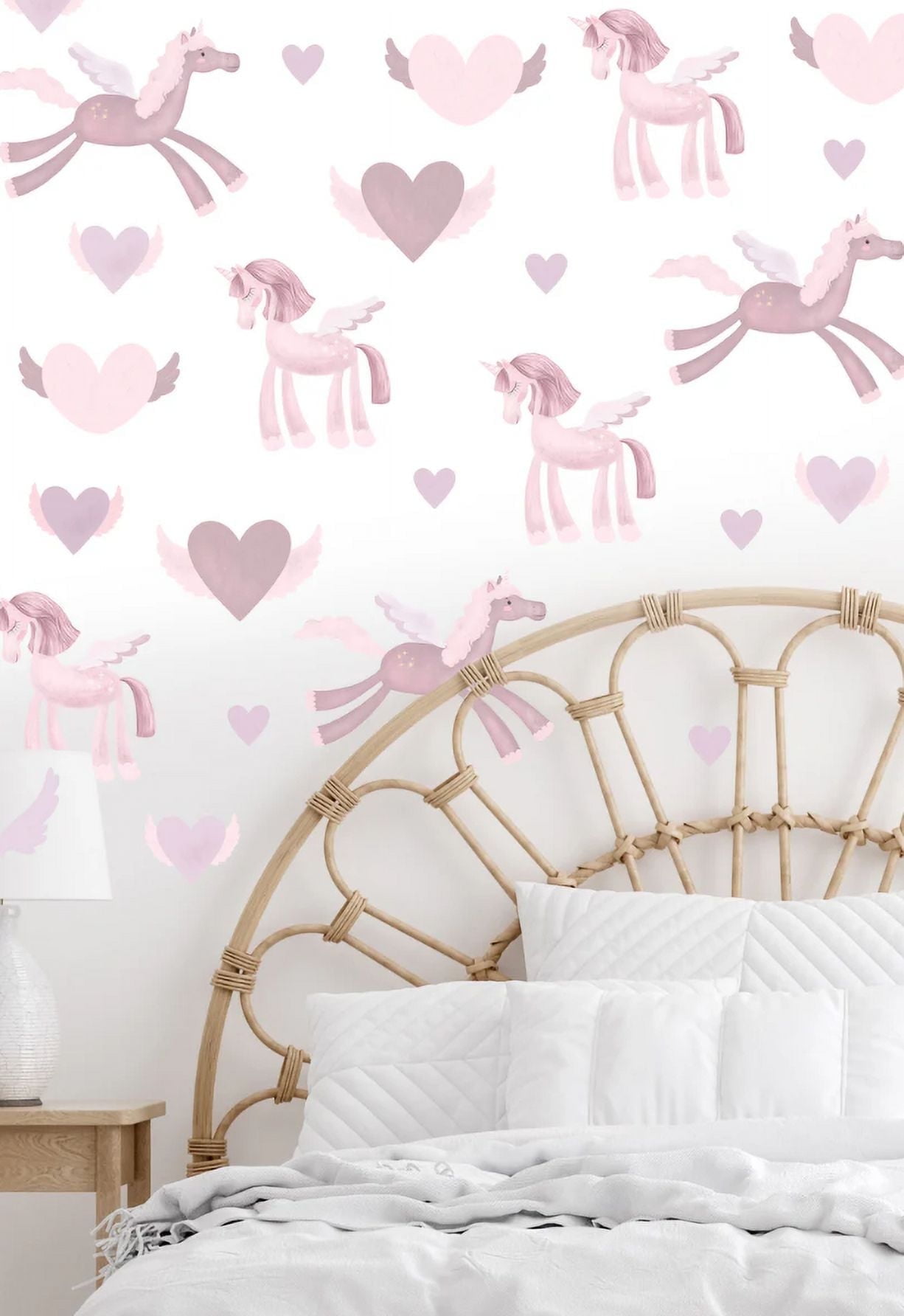 Freckled Face Pink Unicorns and Flying Hearts Vinyl Wall Decals for Children's Rooms