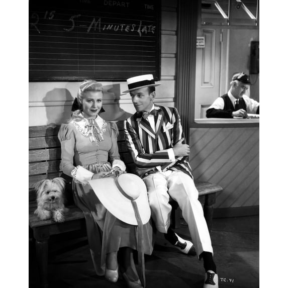 Fred Astaire and Ginger Rogers Seated on Bench with Dog Photo Print (8 x 10)