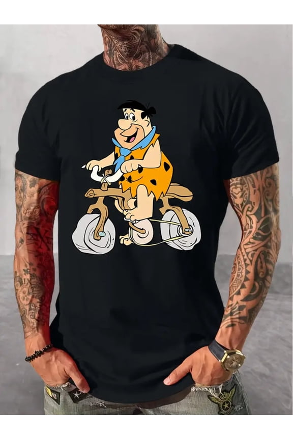[Fred Flintstone Cycling Fun T-Shirt] 100% Cotton Fred Flintstone Cycling Fun Print T-Shirt - Short-Sleeved, Round Neck, Versatile for All Seasons, Machine Washable - Ideal Casual Wear