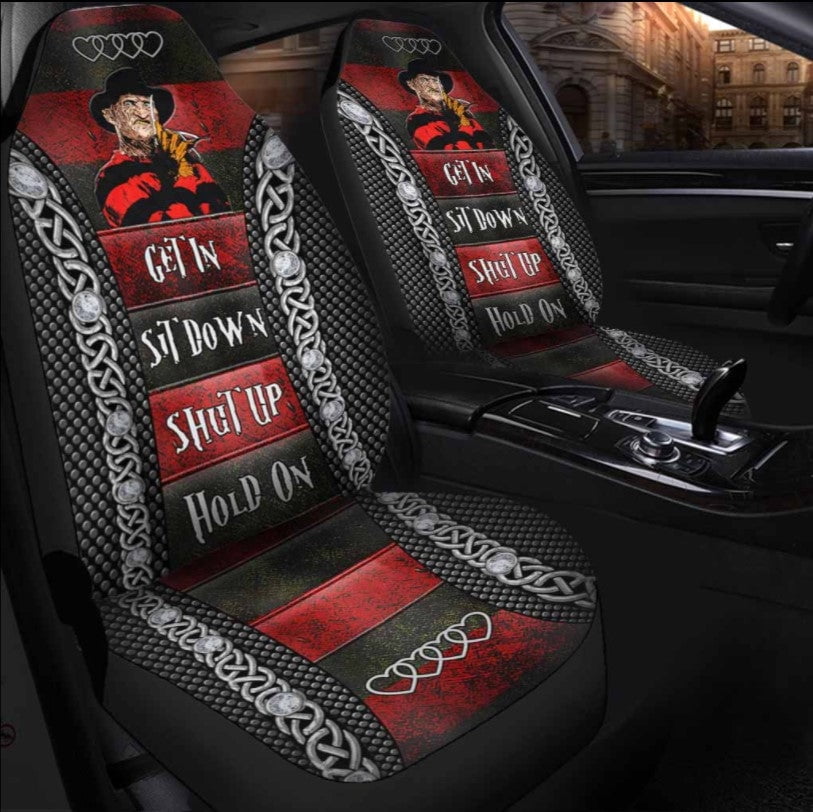 Fred Krue Sweet Dreams Get In Sit Down Shut Up Hold On Car Seat Covers Set 2Pc With Foaming Lining, Halloween Decorative Automotive Car Decor. Horror Movies Halloween Car Decor