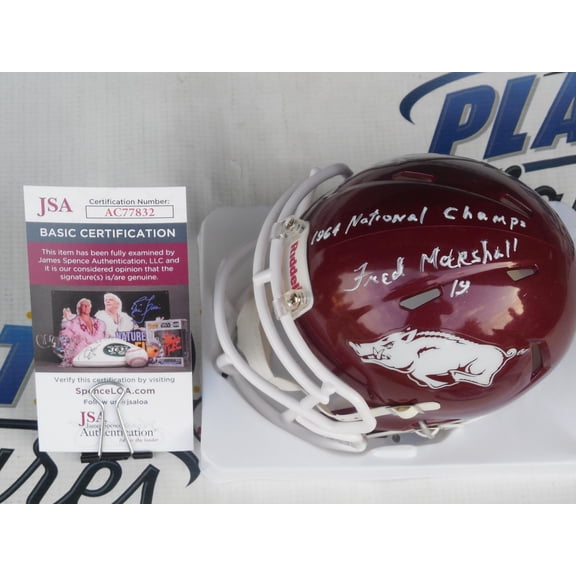Fred Marshall signed autographed Arkansas UA Razorbacks mini speed helmet w/ 1964 National Champs JSA COA