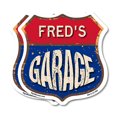 thumbnail image 1 of Fred's Garage (2 Pack) 12 inch X 12 inch Shield-Shaped Rust-Free Aluminum Metal Signs Weather Resistant, UV Protected To last, Gift for Dads and Uncles Classic Americana Crafted in the, 1 of 7