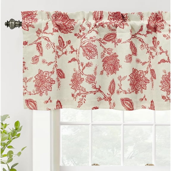 Freda Jacobean Floral Linen Blend Blackout Thermal Insulated Energy Saving Privacy Window Linen Curtain Valance Rod Pocket 2 Layers Single 52 Inch by 18 Inch Plus 2 Inch Header Red Beige