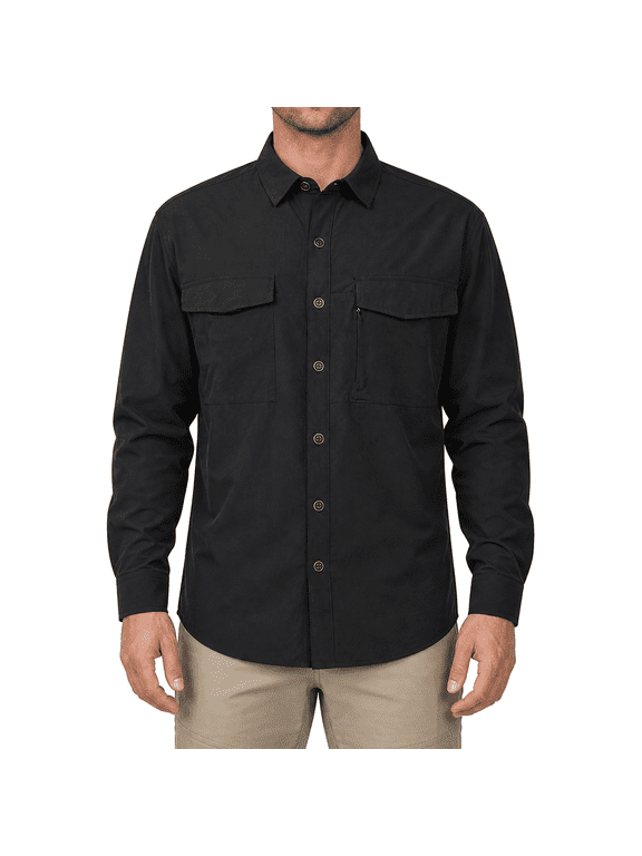 Men's Quick Dry Stretch Work Shirt, Long Sleeve Button Down Utility Shirt with Chest Pockets
