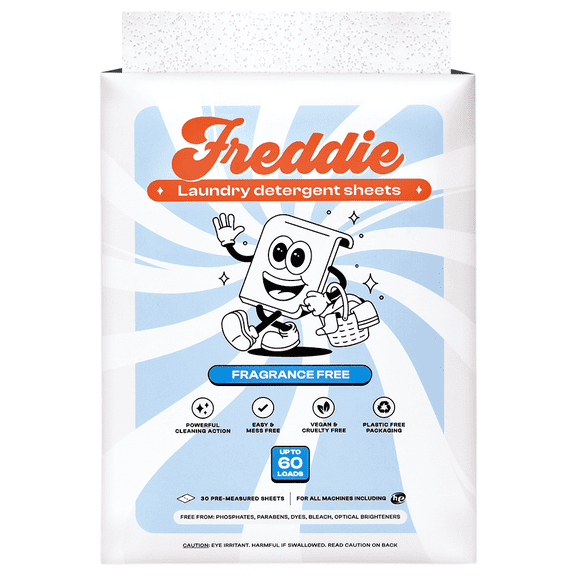 Freddie Laundry Detergent Sheets - Fragrance Free Unscented - 60 Loads (30 Sheets) - Concentrated Eco Friendly Liquid-less Strips