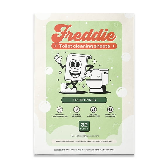 Freddie Toilet Cleaner Sheets - Fresh Pines Scent - Plastic Jug-Free Alternative to Liquid Cleaners - 32 Dissolvable Cleaning Strips