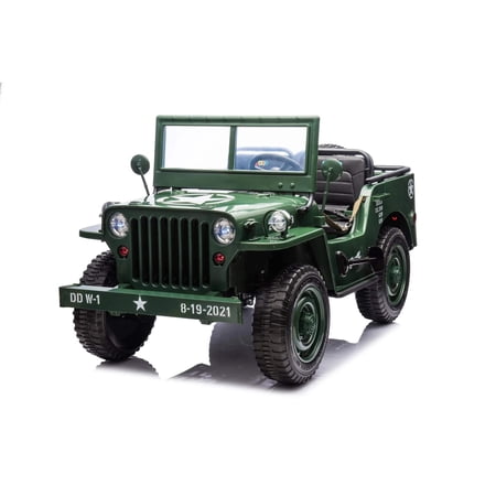 Freddo 24V Military Willy Jeep, 3-Seater Electric Ride-On, Battery, Military Green