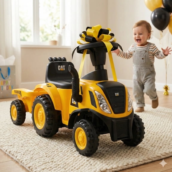 Freddo CAT Holland T7 Tractor Foot-to-Floor Ride-On with Detachable Trailer & 2 Tools, Toddlers 1-3, Horn & Light, Yellow