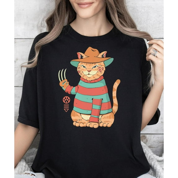 Freddy Krueger Cat T-Shirt, Horror Characters###ANANDHIS ART LLC