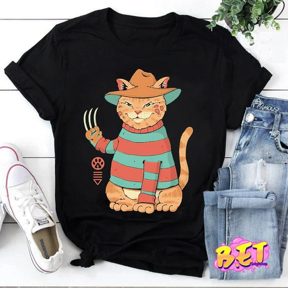 Freddy Krueger Cat T-Shirt, Horror Characters Shirt, Halloween Shirt, Funny Cat Shirt