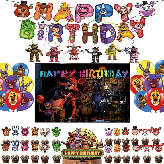 Freddy Party Decorations Nights Freddy's Birthday Party Supplies include Happy Birthday Banner ,Balloons, Cake Toppers Cupcake Toppers, Freddy's Background