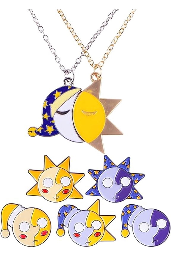 Freddy Security Breach Necklace with 5 Enamel Pin Sun & Moon Chain Brooch Pins for Fans