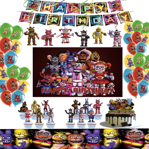 Freddy's Birthday Party Decoration, include Banner, Cake Cupcake Toppers, Freddy's Balloons , Background, Freddy Tablecloth for Kids Adults Birthday Party Supplies