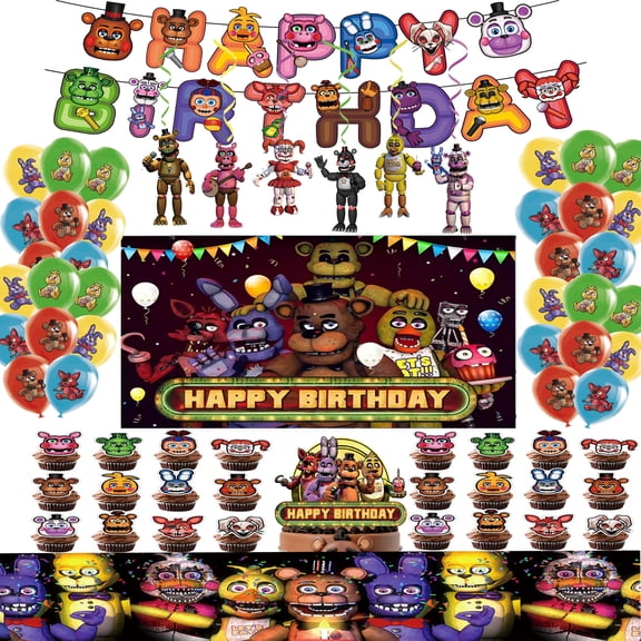 Freddy's Birthday Party Decoration, include Freddy Banner, Cake Cupcake Toppers, Freddy's Balloons , Freddy Background, Freddy Tablecloth