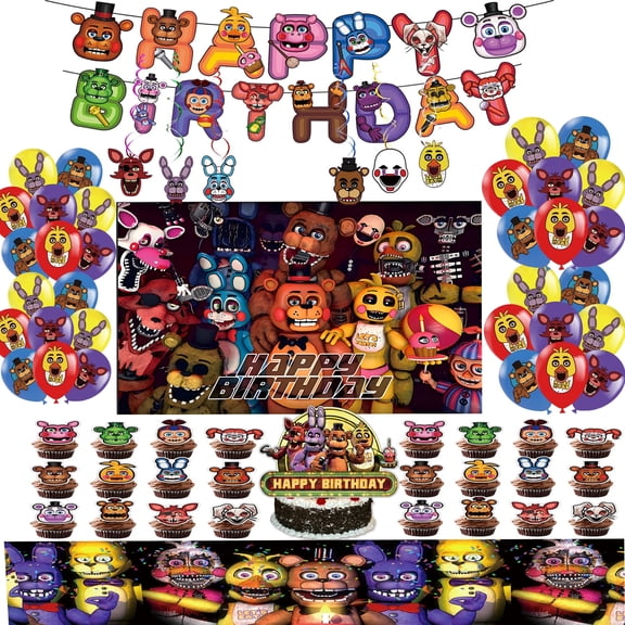 Freddy's Birthday Party Decorations, 5 Nights Birthday Party Decorations include Banner, Cake Cupcake Toppers, Freddy's Balloons , Background, Tablecloth for Kids Adults Birthday Party Supplies