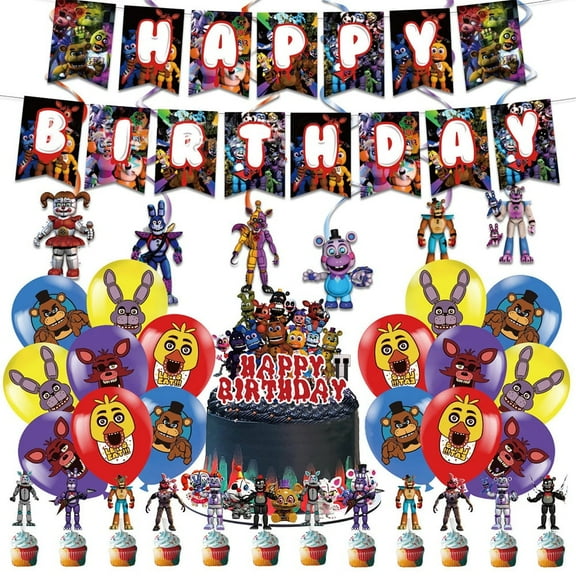 Freddy's Birthday Party Supplies, Freddy's Night Decorations include Banner, Cupcake Cake Toppers, Balloons for Kids Baby Shower Birthday Party Supplies