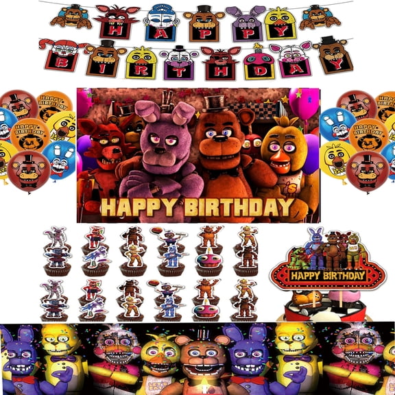 Freddy's Party Decorations Birthday Party Supplies Set include Happy Birthday Banner , Brown Balloons, Cake Cupcake Toppers, Night Freddy's Background, Tablecloth.