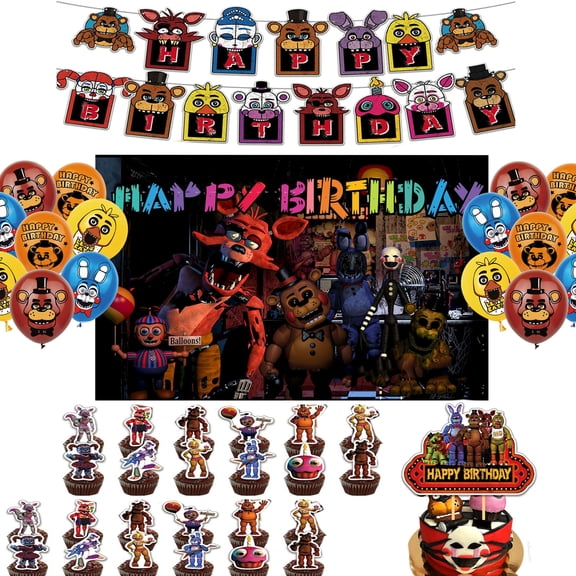 Freddy's Party Decorations Birthday Party Supplies Set include Happy Birthday Banner , Brown Balloons, Cake Cupcake Toppers, Night Freddy's Background