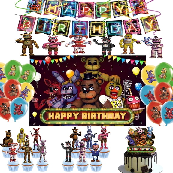 Freddy's Party Decorations Birthday Party Supplies Set include  Happy Birthday Banner , Green Balloons, Cake Cupcake Toppers, New Night Freddy's Background